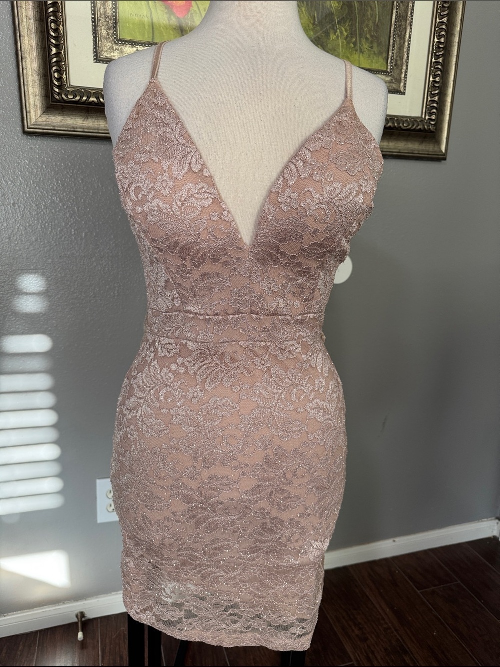 Emerald Sundae Tan Lace Spaghetti-Strap Mini Dress